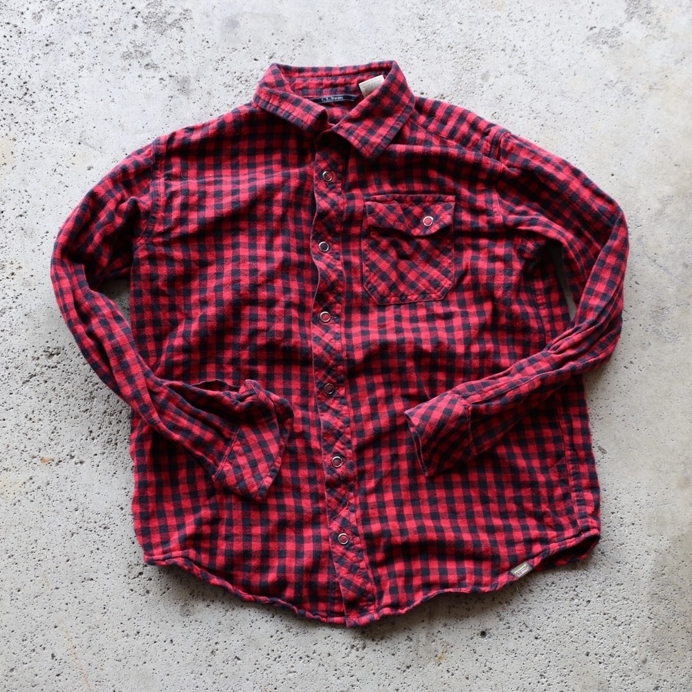 LL Bean Kids Red Black Buffalo Check Flannel Snap Shirt Youth Size M 10-12